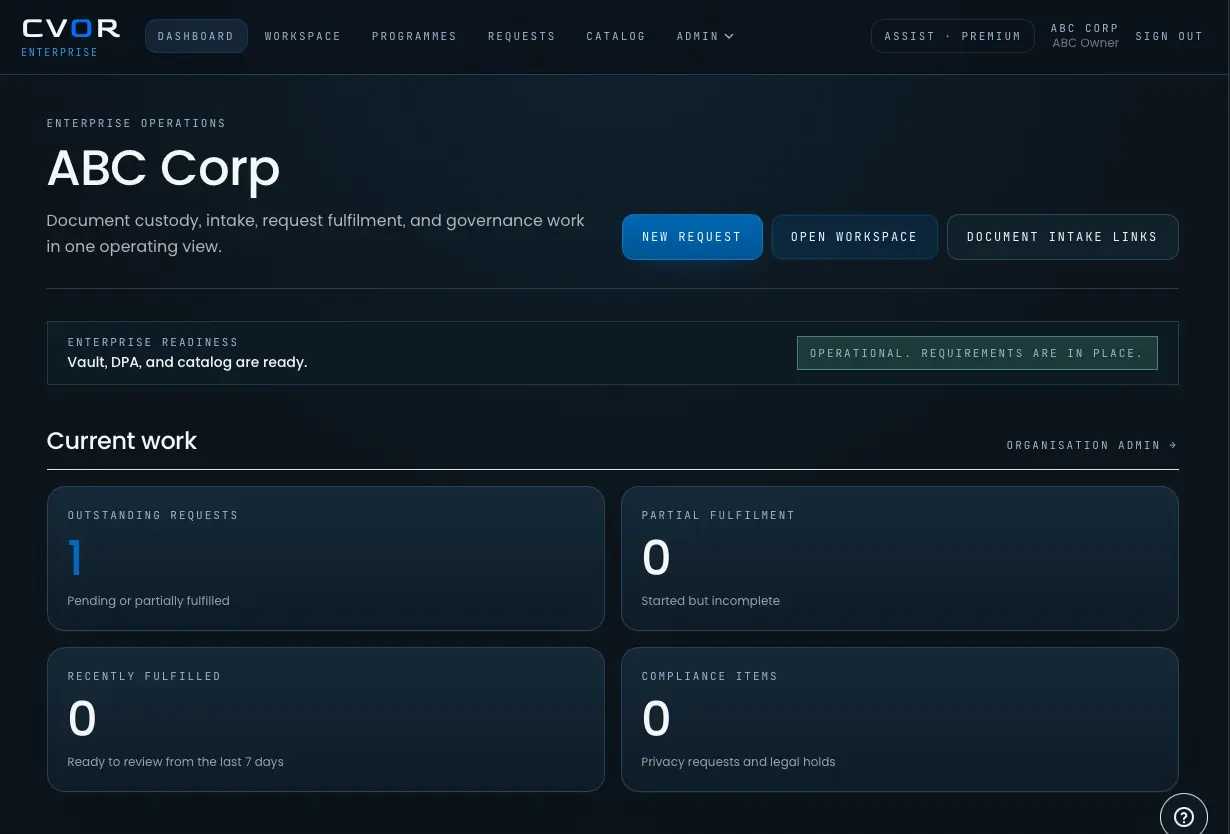 CVOR platform showing a governed document request workflow