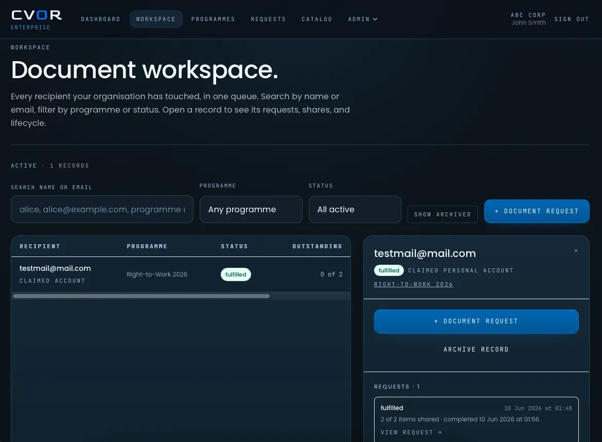 CVOR platform showing a governed document request workflow